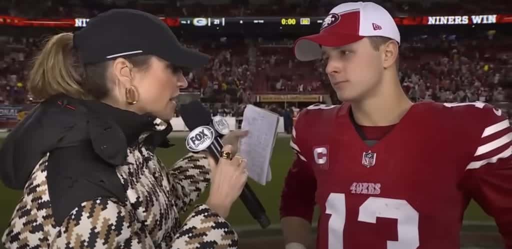 Brock Purdy with an interviewer